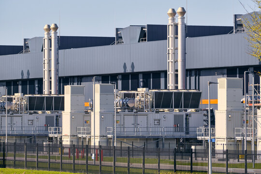 Middenmeer, Netherlands - 14 April 2026: View of the Microsoft Datacenter Western Europe at Agriport with emergency backup diesel powerplants and cooling units in Middenmeer.
