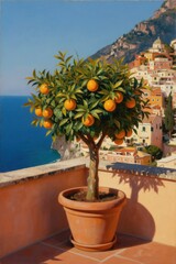 Obraz premium Orange tree with fruit grows in clay pot on terrace overlooking Mediterranean town and blue sea. Sunny day casts tree shadow on terracotta tiles. Town climbs hilly coast.