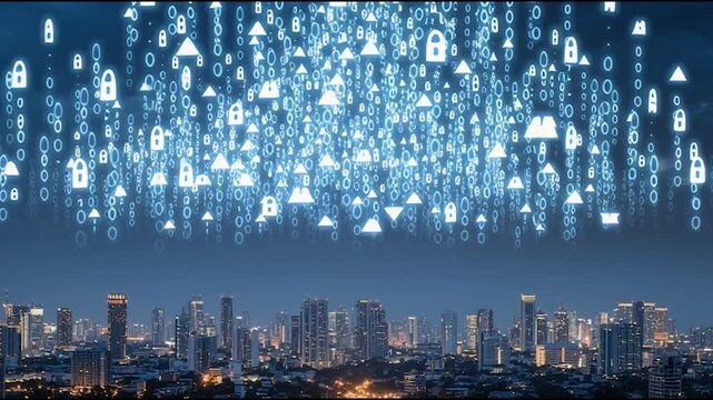 abstract cloud social media innovative cyber security network, using interconnected nodes to represent business partnerships on the Smart digital Innovation city with connection network reciprocity ov