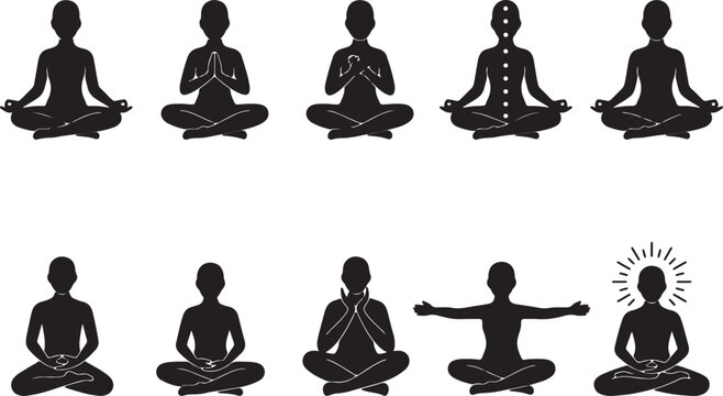 Chakra Meditation Yoga Silhouette Collection Spiritual Wellness Vector Set