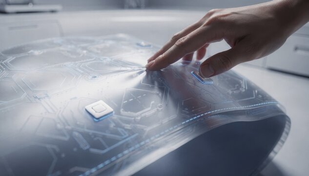 Medium shot of pressuresensing smart fabric flexing subtly under touch showcasing embedded sensors beneath a sleek protective coating for advanced tactile detection.