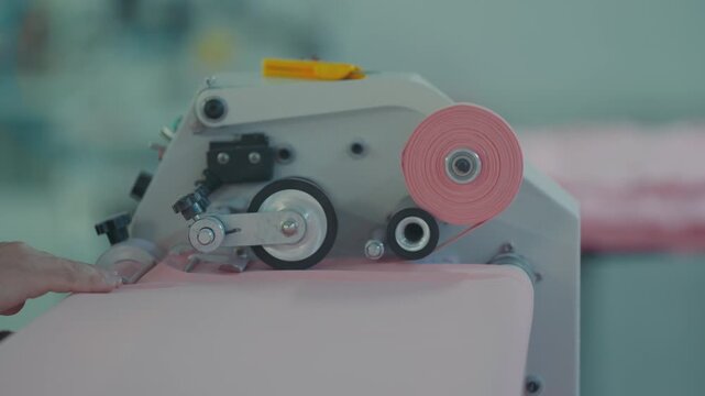 Close up of an industrial textile machine processing pink fabric and binding tape in a garment factory.