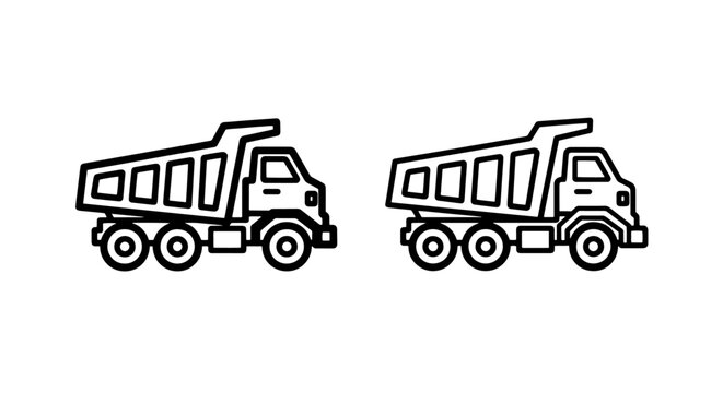 Line art construction tipper truck icons set with construction machinery transport industrial