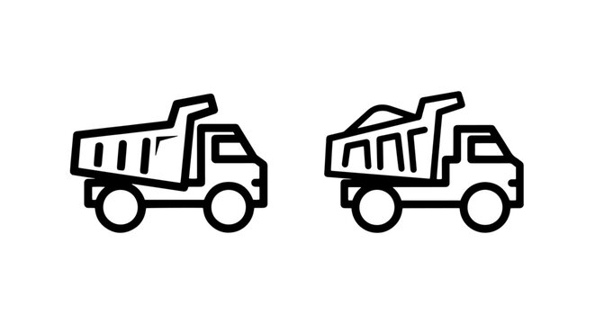 Simple dump truck icons for construction industry with construction machinery transport delivery