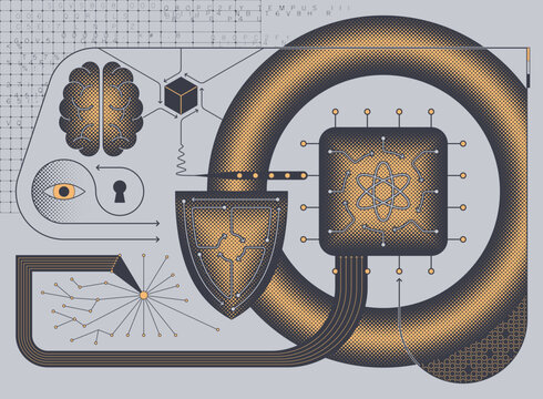 Gold tone blueprint illustration of AI quantum security system