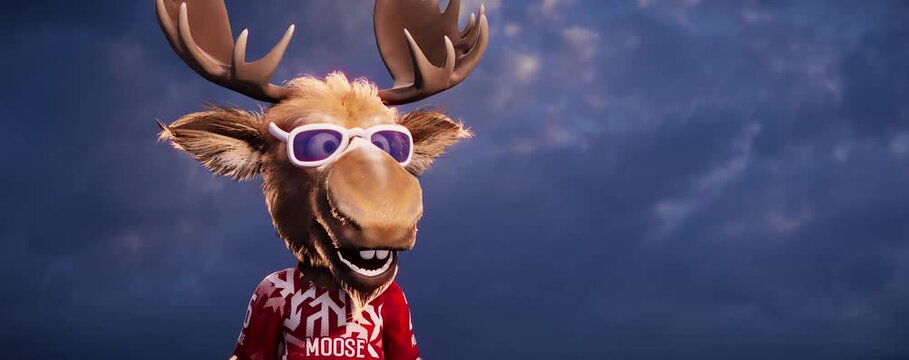 Funny moose goalkeeper warms up with a soccer ball on a grass field against a stunning sky background - 3D render