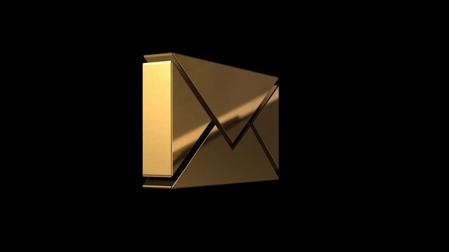 3D render of a glossy gold mail envelope rotating. Email marketing, message notification, or newsletter subscription concept element on a transparent alpha channel