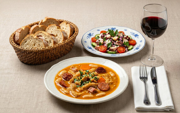 Tripe Porto style served with octopus salad, tomato, cucumber and onion, accompanied by a bread basket and a glass of red wine on a beige linen table - Tripa &agrave; moda do Porto