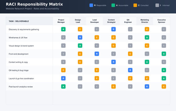  RACI Matrix Template &mdash; Responsibility Assignment Chart with Color-Coded Roles for Project Management
