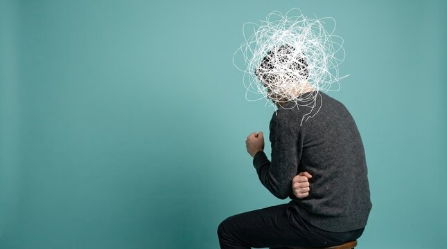 Depressed man cowering and clenching fist with large confused thoughts doodle scribble covering his head, abstract mental health crisis, emotional pain and defense mechanism concept