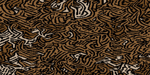 Abstract seamless pattern featuring a complex organic maze or camouflage texture with brown and beige curvy lines on a white background. © Sofyanmardianto.233