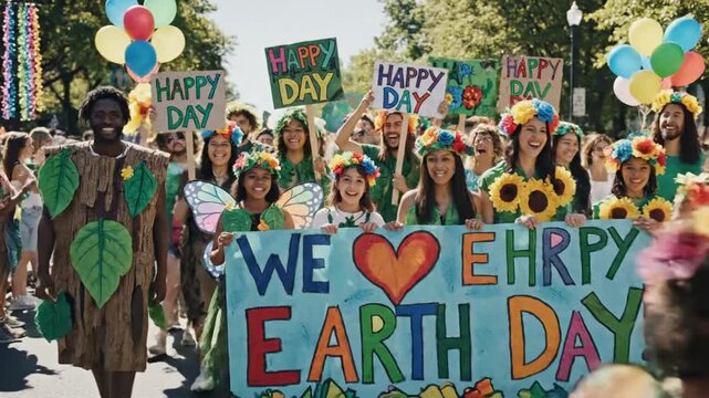 Joyful crowd parades celebrating Earth Day with festive costumes and signs
