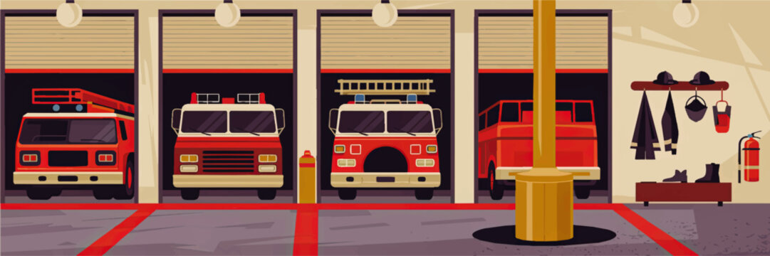 Fire station interior with red fire trucks in garage bay, firefighter gear, fire pole and modern emergency rescue equipment illustration