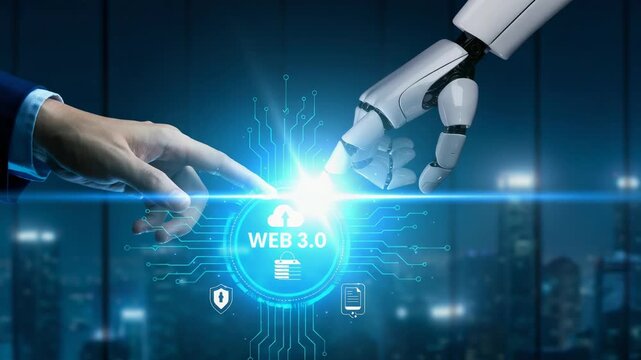 Human hand and robotic hand reaching to touch glowing Web 3.0 interface. Futuristic circuitry, data cloud symbol, and security icons on blurred night cityscape.