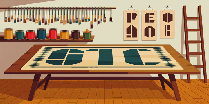 Cozy artisan workshop interior with paintbrush collection, colorful paint cans and large geometric canvas on wooden table