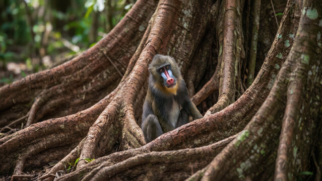 A lone mandrill monkey sits among the intricate buttress roots of a large forest tree.