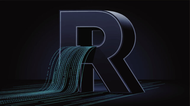Futuristic letter R with flowing binary data stream, dark cyber background, blue neon digital waterfall, technology concept illustration