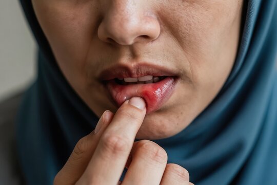 Woman checks sore on inner lip. Red inflamed blister causes discomfort. Oral health issue needs medical attention. Painful symptom visible close up.