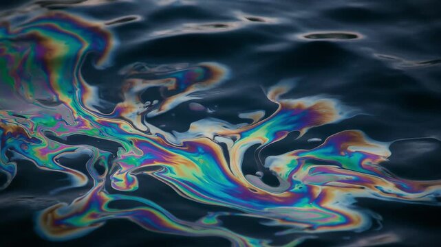 Colorful oil slick on dark water surface with vibrant rainbow patterns and flowing abstract shapes