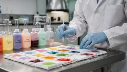 Fototapeta premium Medium shot of a scientist carefully applying reactive dyes to fabric samples highlighting precision in lowchemical textile processing for environmentally responsible production.