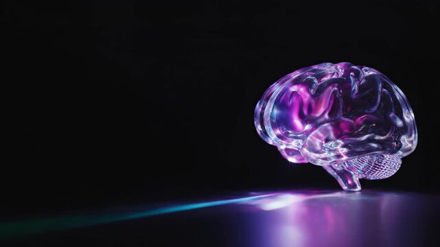 Transparent glass brain model model illuminated with changing spectrum of light. Medical science visualization of neural connectivity and cognitive functionality