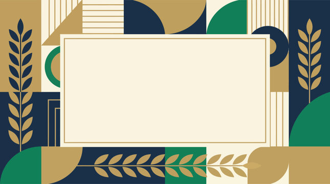 Modern Art Deco Style Frame Background with Navy Blue Green and Gold Geometric Elements