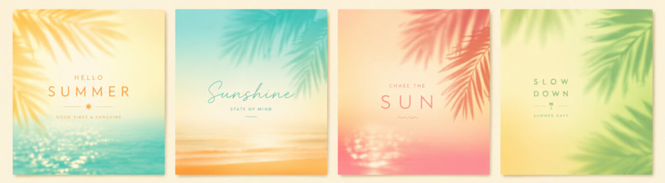 Abstract summer gradient backgrounds with blur effect. Bright sunny posters with tropical leaves, sea surf, sandy beach. Modern design for seasonal sales, invitations, postcards, social media, ads
