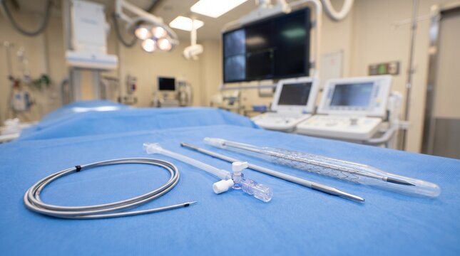 Endovascular stent graft with catheter delivery system on a sterile blue drape in an interventional radiology room, concept of minimally invasive vascular treatment.