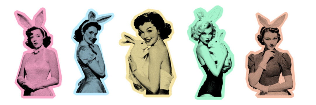 Collection of vintage retro halftone illustrations featuring mid-century pinup women wearing bunny ears