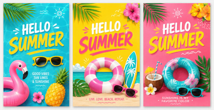 Summer greeting poster vector set design. Hello summer text with floaters and sunglasses beach vacation elements. Vector illustration summer greeting postcard collection.