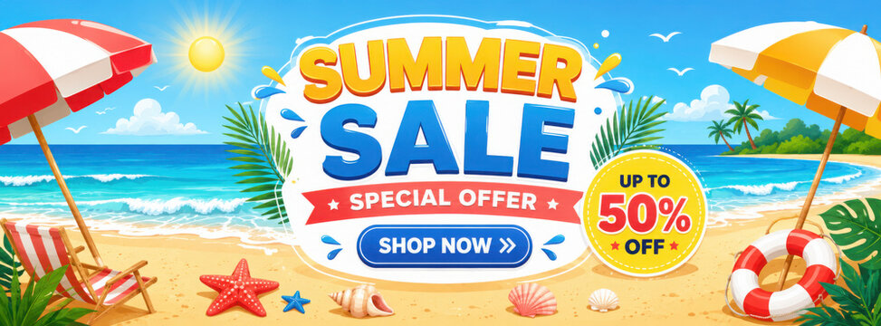 Summer sale banner vector illustration. Summer beach flat design