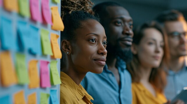Close medium shot emphasizing focused expressions of a collaborative microfinance group reviewing risk heatmaps with vibrant sticky notes and devices softly fading into the heated