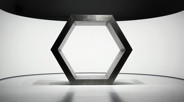 Large metal hexagon frame stands in minimal gallery space. Geometric shape with clean lines and shadows on floor. Modern art installation inside bright white exhibition hall.