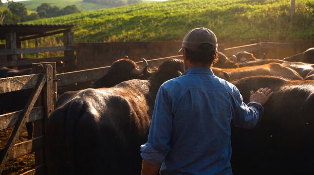 Buffalo farmer caring for water buffalo herd in livestock facility, rural ranch management and sustainable buffalo farming in agricultural countryside