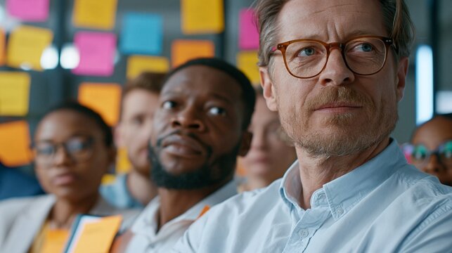 Close medium shot emphasizing focused expressions of a collaborative microfinance group reviewing risk heatmaps with vibrant sticky notes and devices softly fading into the heated