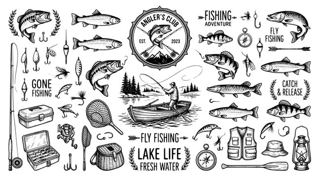 Fishing gear and equipment set with fish and angler in boat