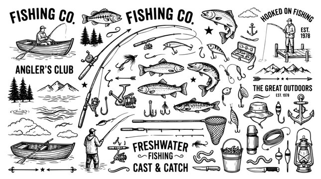Fishing hand drawn illustrations set with anglers and gear