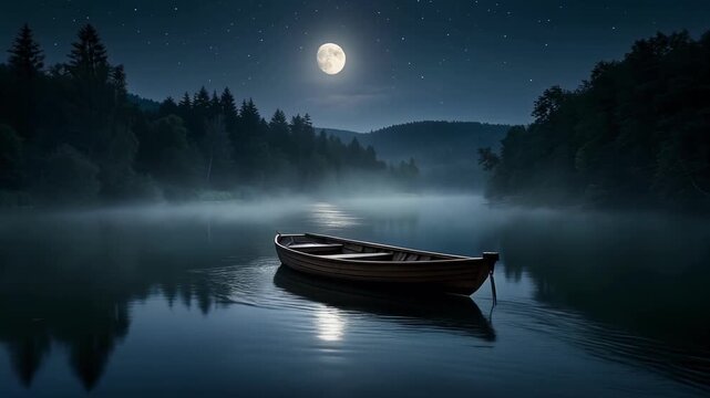 Serene moonlit lake with wooden boat surrounded by misty forest under starry night sky