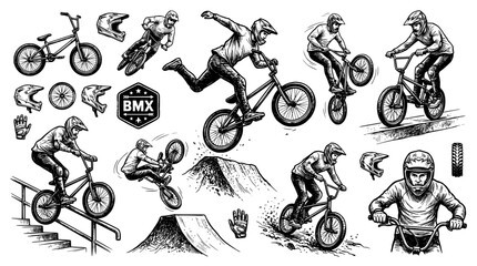 Naklejka premium Bmx extreme sports set with riders, bikes, helmets and equipment