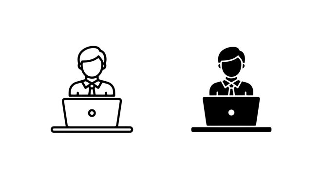 Office worker at computer laptop outline and silhouette icons for business communication