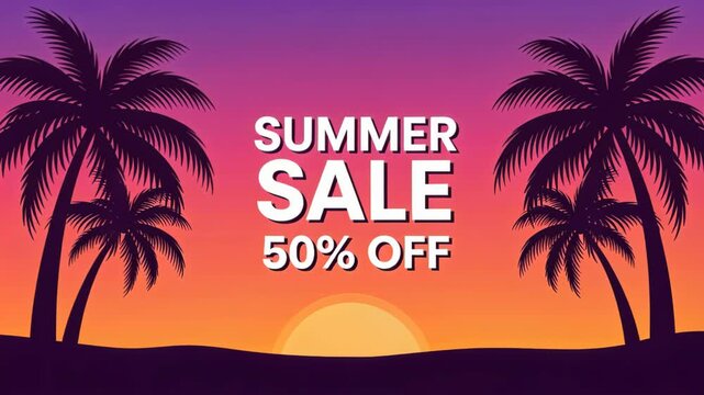 Summer Sale Paradise: Embrace the spirit of summer with a vibrant Summer Sale 50% Off graphic set against a breathtaking tropical sunset with silhouetted palm trees.