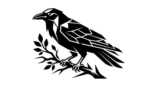Stylized black raven perched on a branch