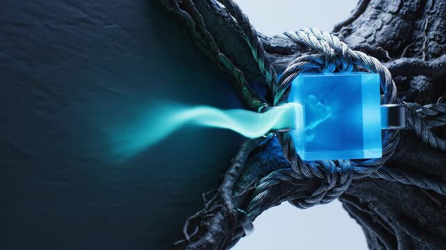 Glowing blue cube emitting luminous mist trapped by metal rope. Abstract technological visual of energy release from translucent crystal object with texture