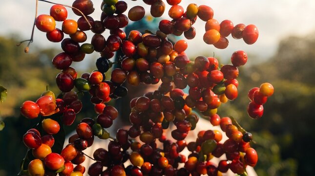 Coffee beans suspended in midair during traditional sorting process, frozen motion of freshly harvested coffee in agricultural production and coffee processing
