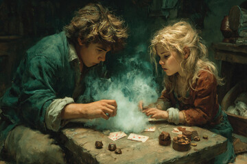 Fototapeta premium Fantasy Children Playing Magical Tabletop Game with Cards Dice and Mystical Smoke