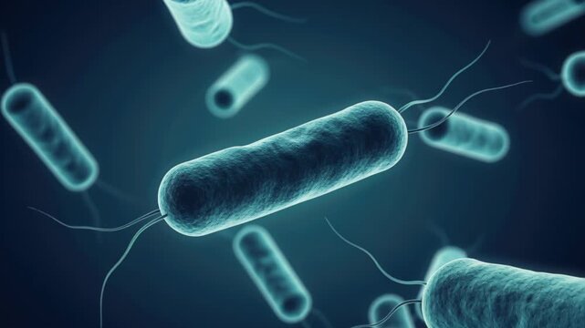 Microscopic Bacteria Cells: A close-up, illuminated view of rod-shaped bacteria with flagella, floating in a dark blue environment.