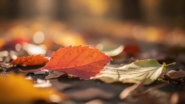 Autumn Leaves on the Ground: A close-up shot captures fallen autumn leaves in various stages of decay, with a vibrant red leaf in the foreground and others scattered around.