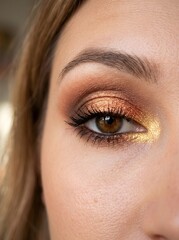 Obraz premium Extreme Macro Close Up of Hazel Eye with Metallic Copper Bronze Cut Crease Eyeshadow and Gold Inner Corner Highlight, Autumn Glam Makeup