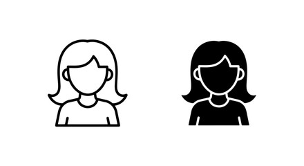 Fototapeta premium Female avatar portrait icon in outline and solid black silhouette styles for user profile web