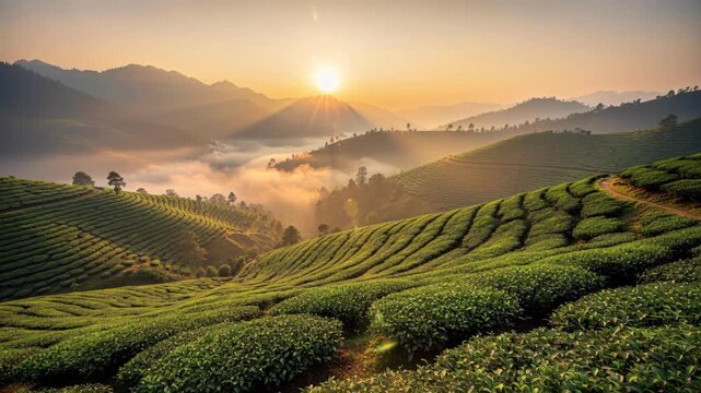 Sunrise over Tea Plantation: Rolling hills of vibrant green tea plantations are bathed in the warm, golden light of a rising sun, casting long shadows and illuminating the mist-filled valleys.